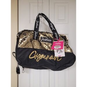 Justice Gymnast Duffle Bag Gold Sequin Kids Travel Bag Shoe Compartment NWT